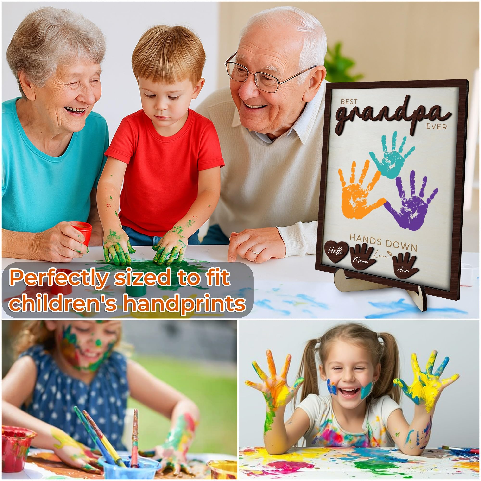 10" Hands Down Best Grandpa Ever DIY Handprint Kids Gifts Frame with Paints, Grandpa Crafts from Grandkids Family Keepsake Plaque Birthday Gift Father's Day for Pops, Papa HF610