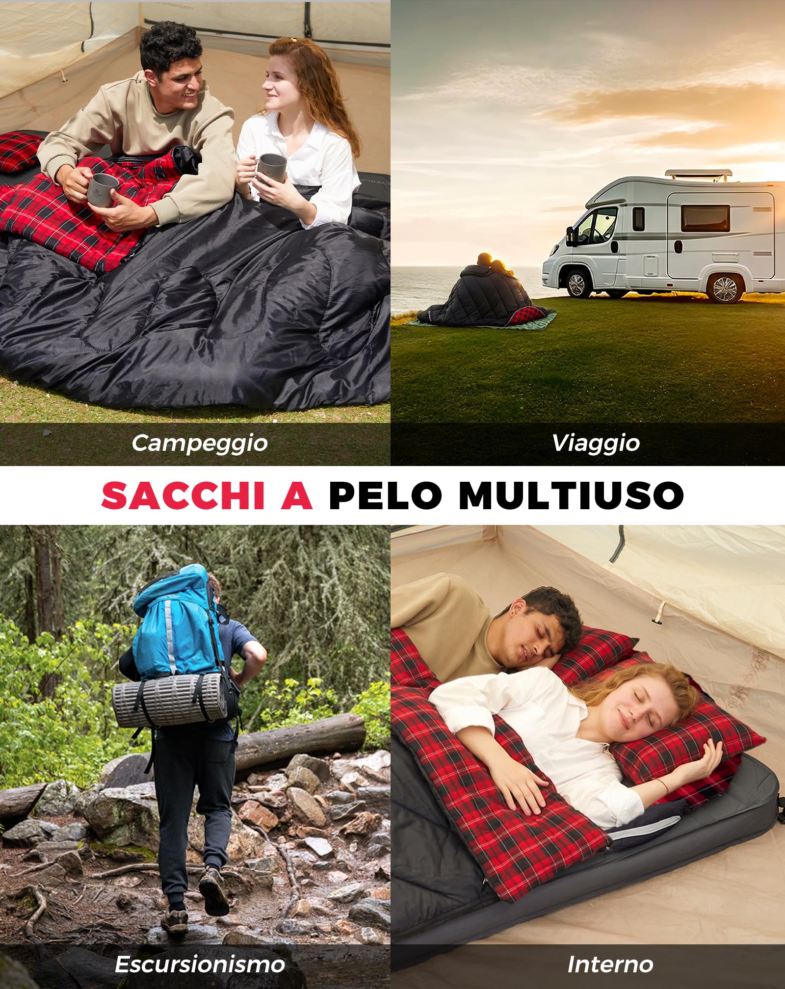 KingCamp Sacco a pelo doppio in flanella di cotone per 2 persone - Caldo invernale, 3-4 stagioni, con 2 cuscini - Ideale per camping, viaggi e attività outdoor