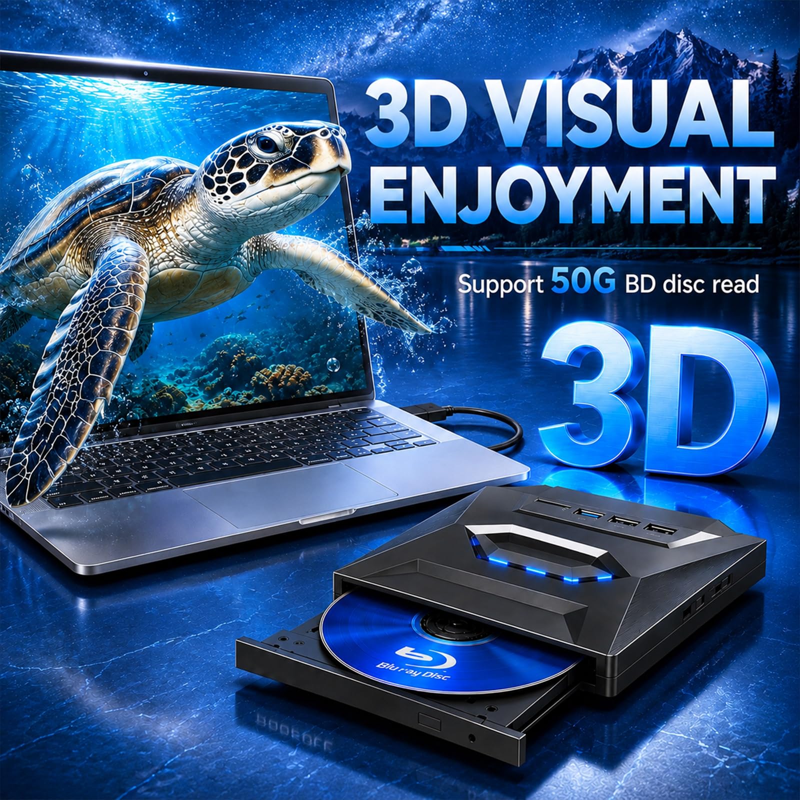 Lecteur Blu-ray externe 7 en 1 USB 3.0 Type-C, prend en charge 100 G BD DVD CD lecteur Blu-ray externe, lecteur Blu-ray portable ultra fin avec port TF/SD