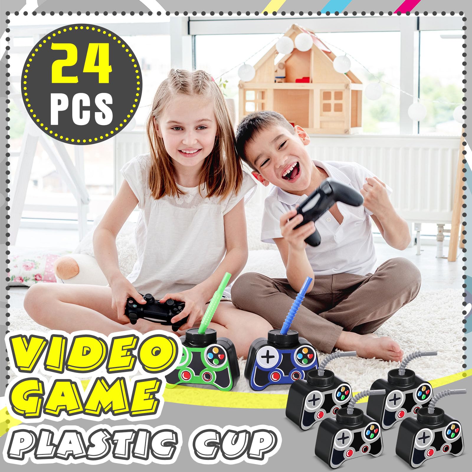 Mifoci 24 vasos de plástico para videojuegos con popote y tapa de 10 onzas, vasos temáticos de cumpleaños para jugadores de 7º videojuegos, regalos de fiesta para niños pequeños, fiesta de cumpleaños