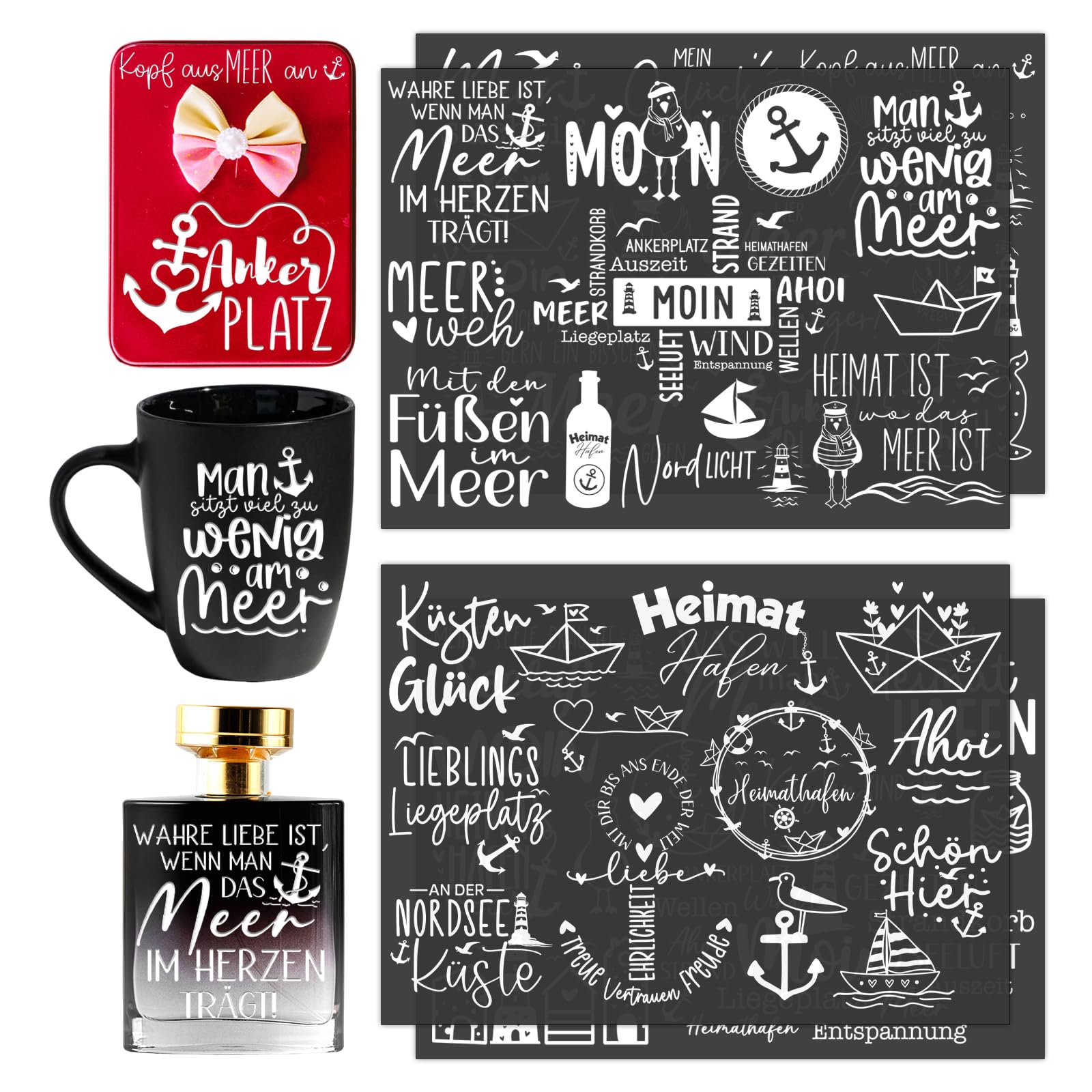 Rub On Sticker Sprüche – Maritimer Seemann Schriftzug mit frechem Meer Spruch | Transfer Aufkleber personalisiert lustig | Deko zum Kleben für Glas, Fotoalbum, Gips, wasserfestes Geschenk (Weiß)