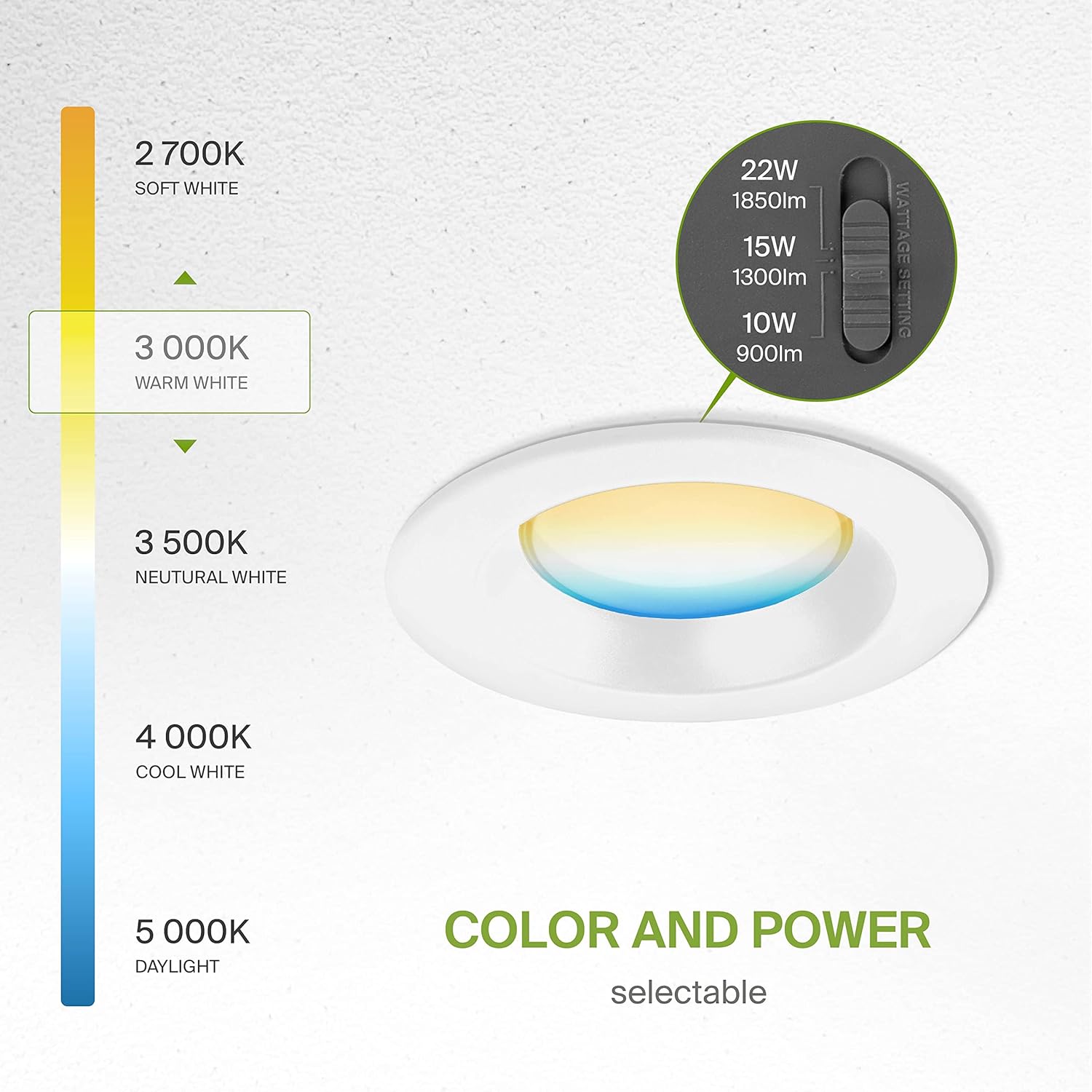 Diagram showing color temperature and wattage adjustment switches on the downlight