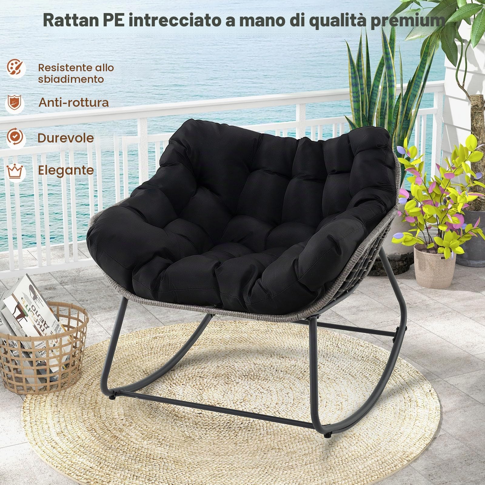LIFEZEAL Sedia a dondolo da giardino, in rattan, per esterni, con cuscino imbottito, per balcone, veranda, soggiorno e terrazza (nero)