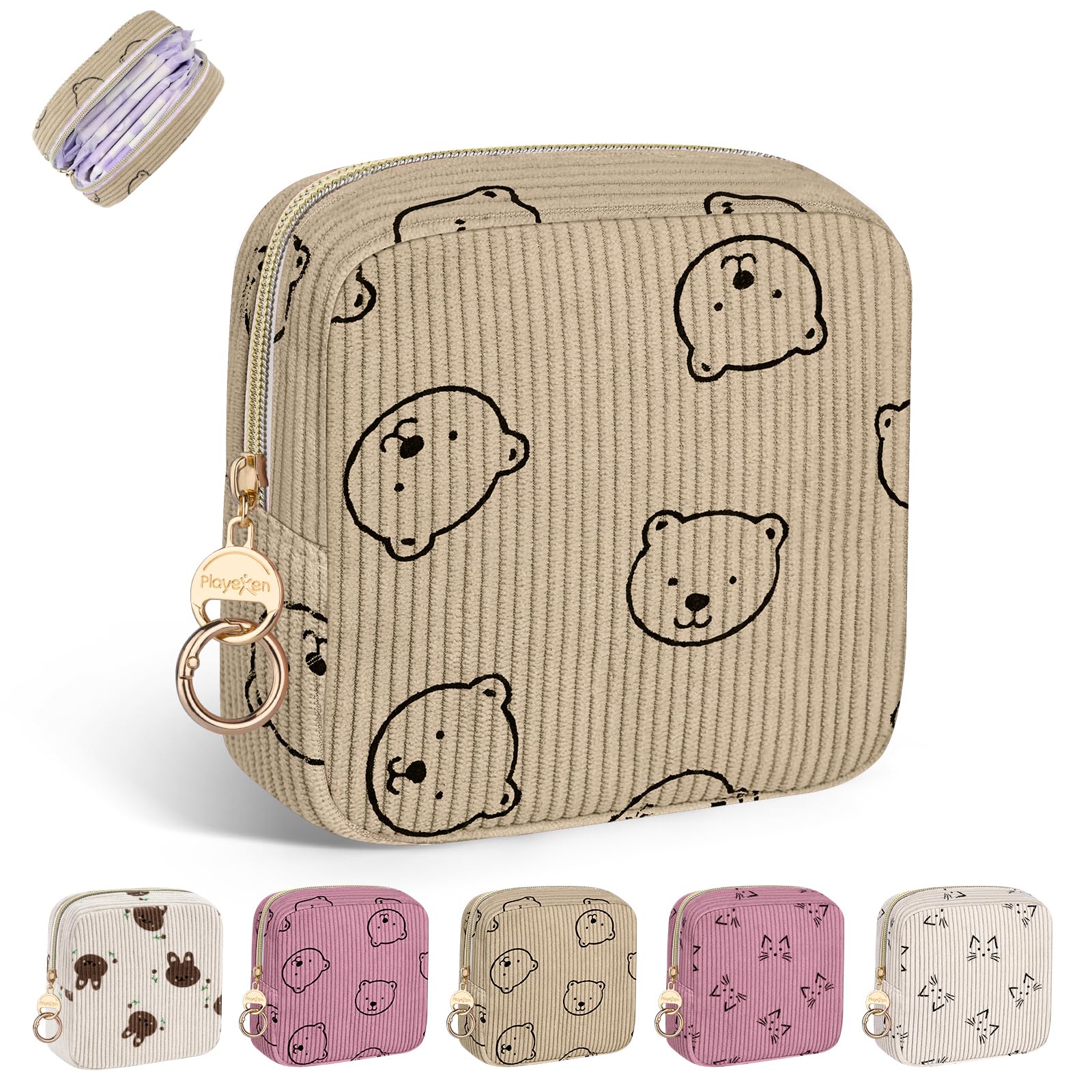 Period Bag for Teen Girls, Corduroy Sanitary Napkin Storage Bag, Menstrual Pad Pouches Tampon Holder for Purse (Bears-Khaki)