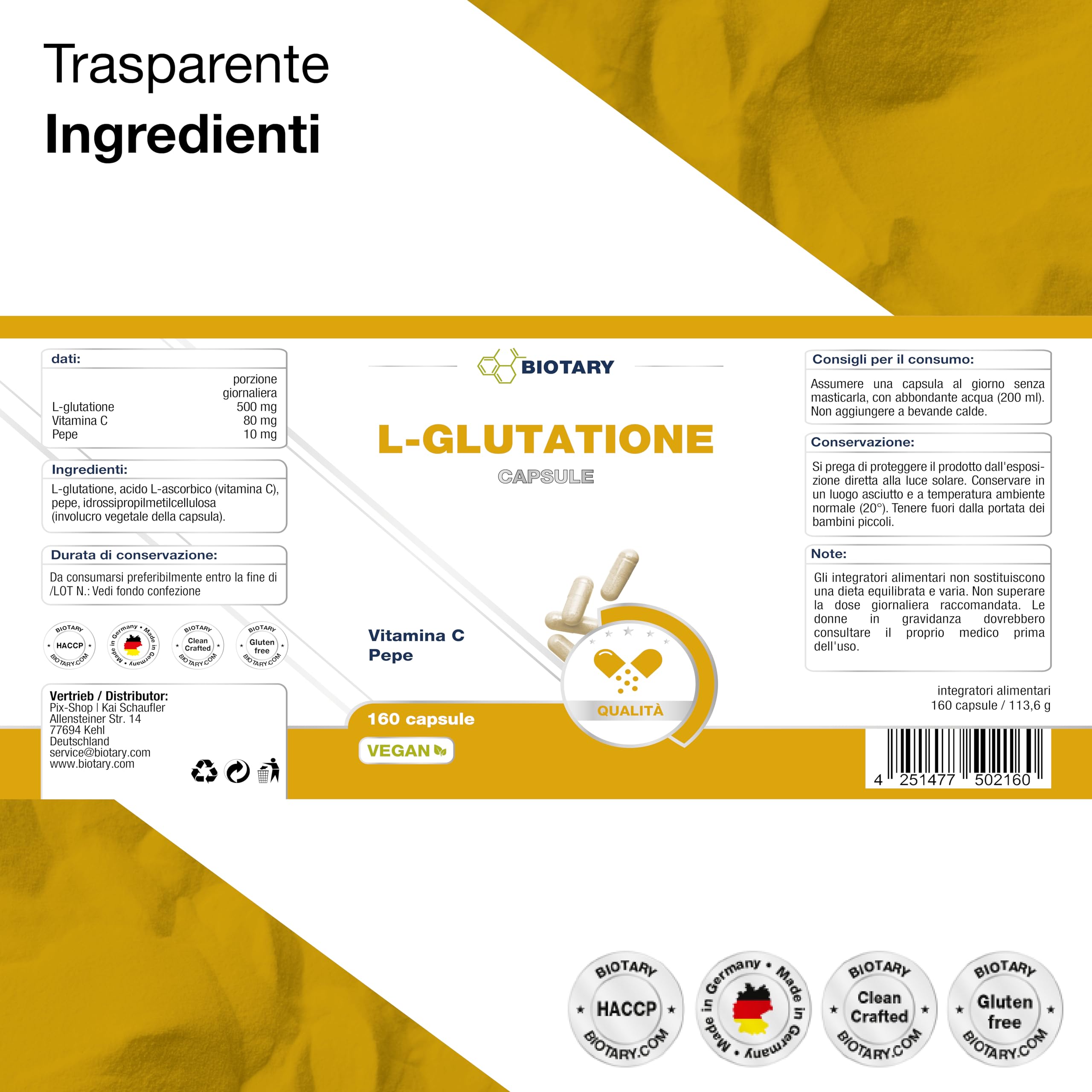 L-Glutatione 160 capsule 500 mg altamente dosato e ridotto al 98% + vitamina C con pillola inclusa, riserva da 5 a 6 mesi, L-glutatione bioattivo vegano senza additivi, testato in laboratorio