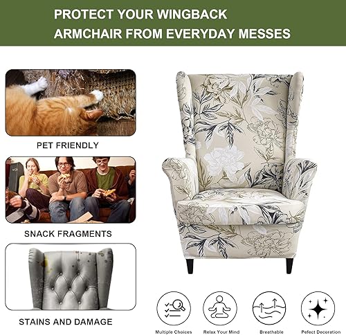 Miniatura 5 de HAOYONG Fundas para silla de alas estampadas, 2 piezas, fundas elásticas para sillón con respaldo de ala, fundas protectoras lavables para sala de
