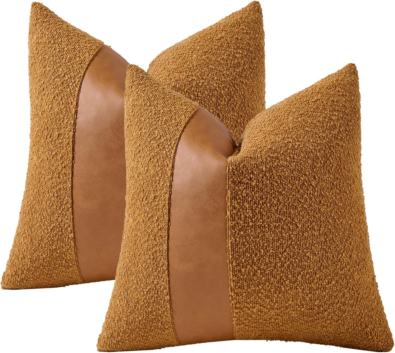 Pack of 2 Faux Leather Boucle Throw Pillow Covers 18"x18" Golden Brown Chic Accents Textured Square Decorative Pillow Cases for Living Room Couch Bed Farmhouse Boho Home Decor - Image 8