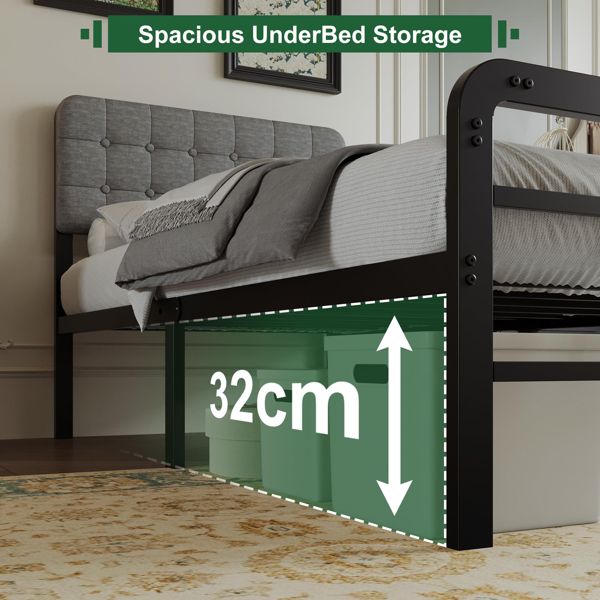 EMODA Struttura letto in metallo con testiera e pediera imbottite, struttural letto in matallo alta 36 cm, 90 x 190 cm con supporto a doghe in acciaio resistente, silenziosa, facile da montare