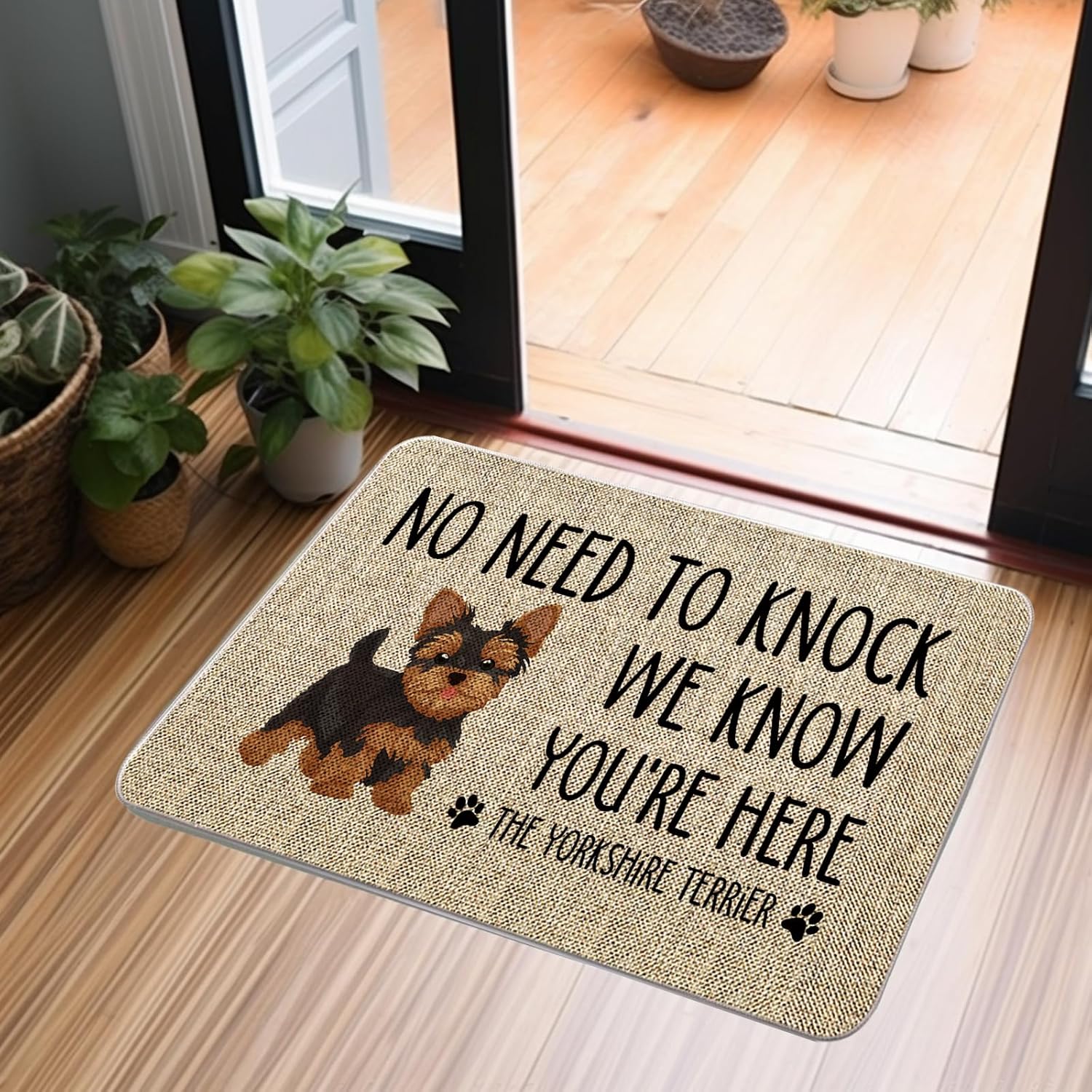 Dog Door Mat Yorkshire Terrier Welcome Doormats No Need to Knock We Know You're Here Entrance Rug Farmhouse Home Kitchen Floor Front Door Mat 17 x 27 Inch for Outdoor Indoor