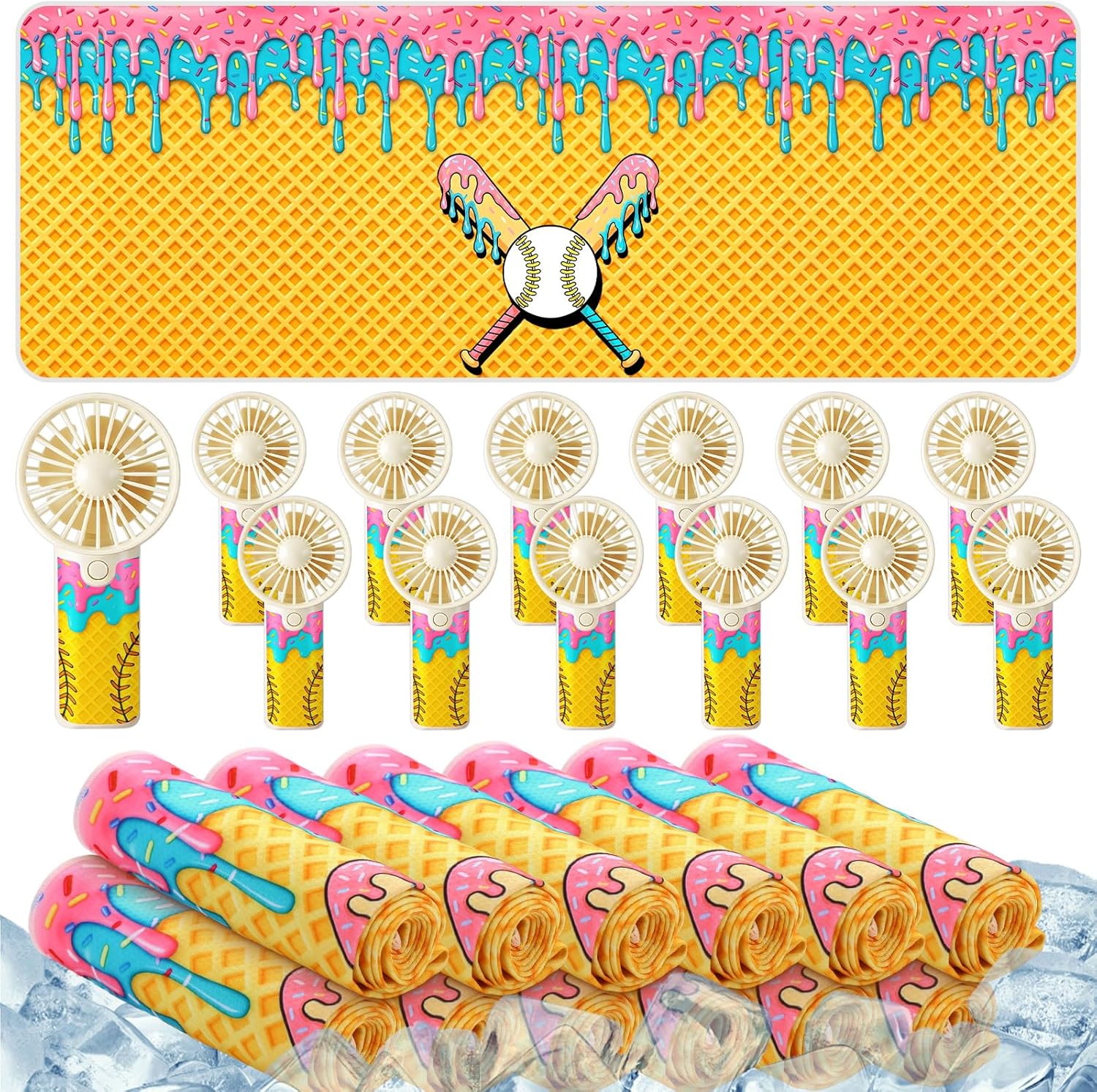 24 Pcs Ice Cream Drip Baseball Cooling Towels 40"x12" Workout Towel and Portable Mini Handheld Cooling Fans for Team Gift Baseball Sport Enthusiasts Birthday Party Favors, Battery Not Include