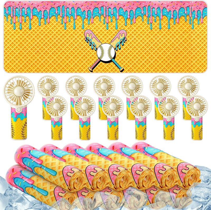 Mindsoft 24 Pcs Baseball Ice Cream Drip Fan and Cooling Towel for Team Gift | 12 Portable Handheld Ice Cream Drip Fan, 12 Baseball Cooling Towel 40"x12", Baseball Team Gifts Bulk, Battery Not Include