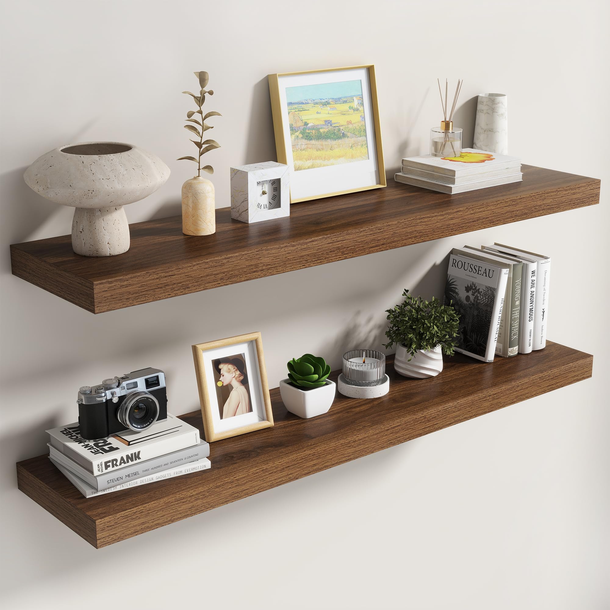 Dreamland 48 Inch Floating Shelves for Wall,8 Inch Deep Floating Shelves,48" W x 8" D Wall Shelves for Bedroom,Living Room,Kitchen,Bathroom,Walnut,Set of 2