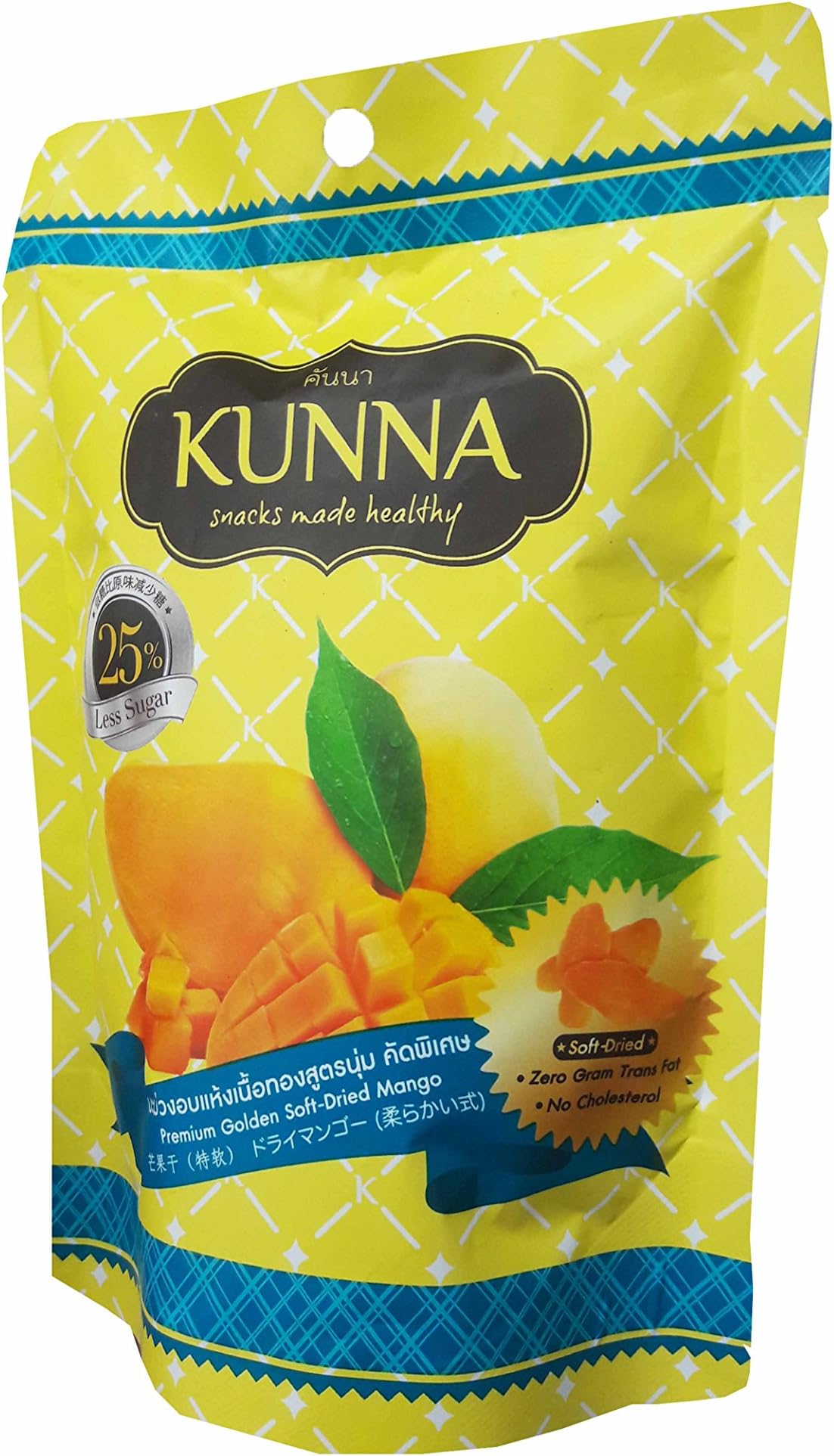 3 Packs of Premium Golden Soft-Dried Mango, snacks made healthy by kunna. Zero gram trans fat, No cholesterol & delicious, premium fruit snack from Thailand) (75 g/ pack)..