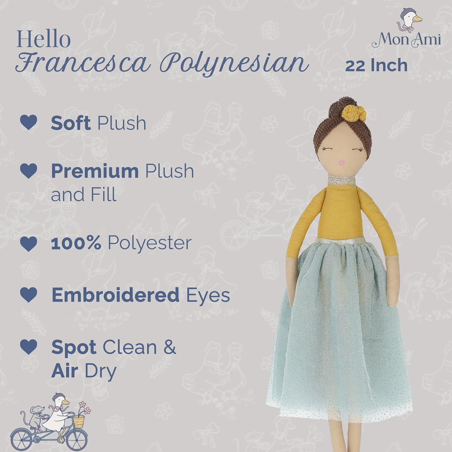 MON AMI Francesca Polynesian Princess Doll – 22 Inches Soft Plush Stuffed Doll for All Ages | Cuddly Toy, Nursery & Bedroom Décor | Elegant Baby Shower, Birthday Essential - Image 2