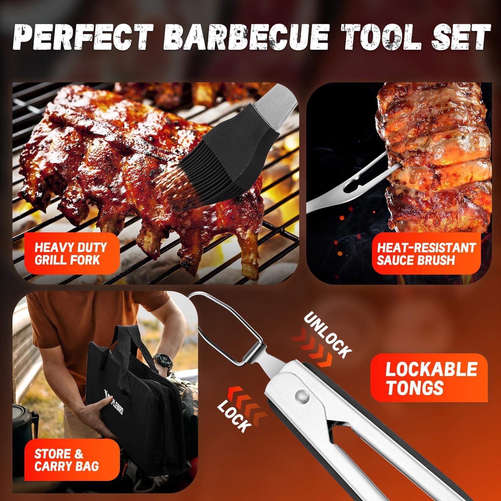 PURPLEBIRD Set di 6 utensili da barbecue per esterni, con manico extra lungo, accessori per barbecue in acciaio inox, regalo per papà, con borsa da viaggio, kit di utensili per barbecue per campeggio