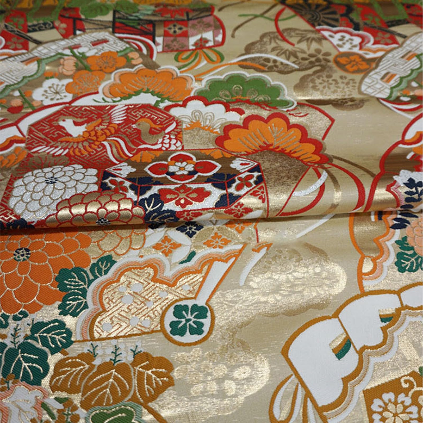 Tissu brocart satin jacquard Nishijin rouge clair et doré 72 x 100 cm