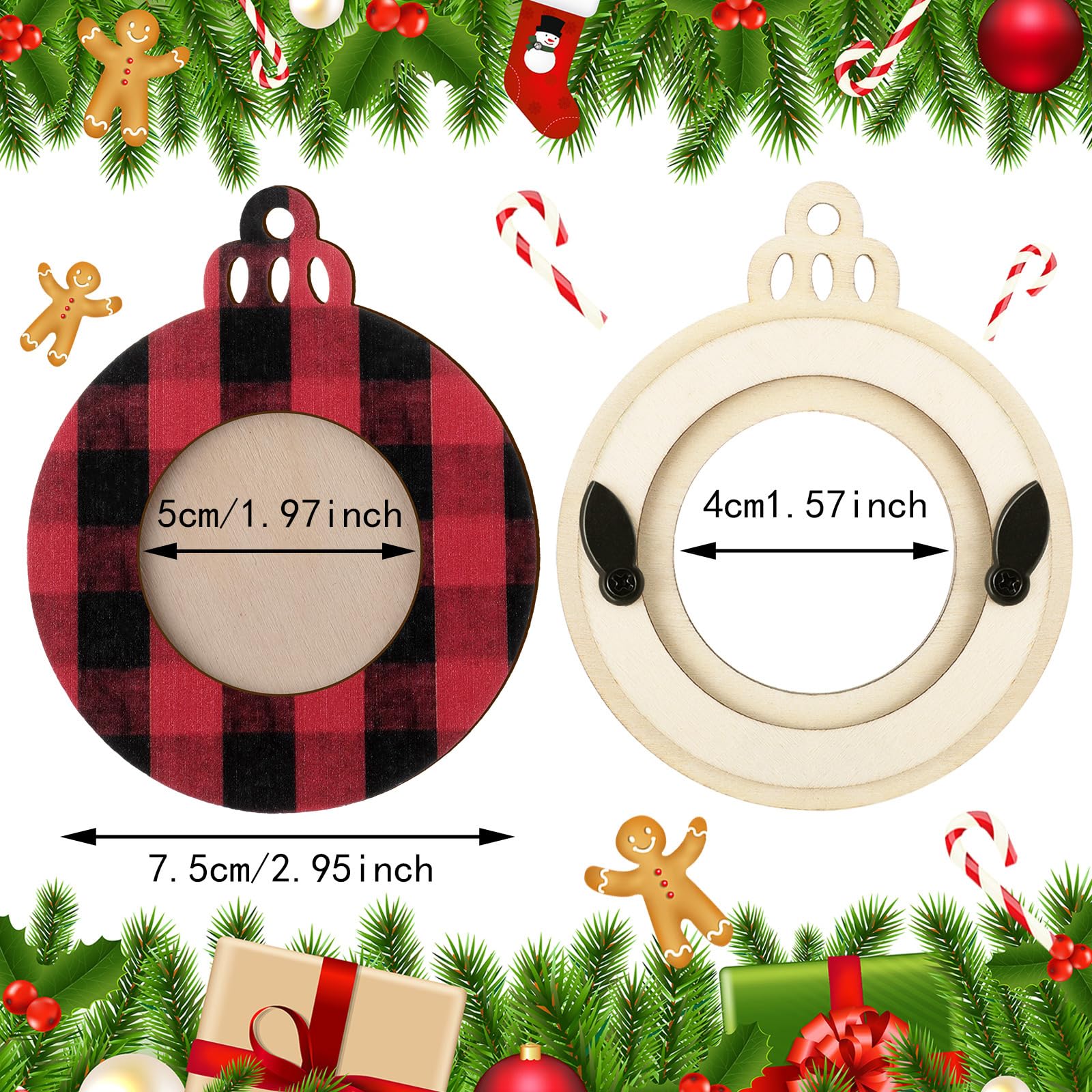 Jetec 12 Pcs Christmas Ball Picture Ornament Bulk Wooden Photo Frame Ornaments Plaid Hanging Decorations for Christmas Tree(Red and Black, Black and White, Black and Green)
