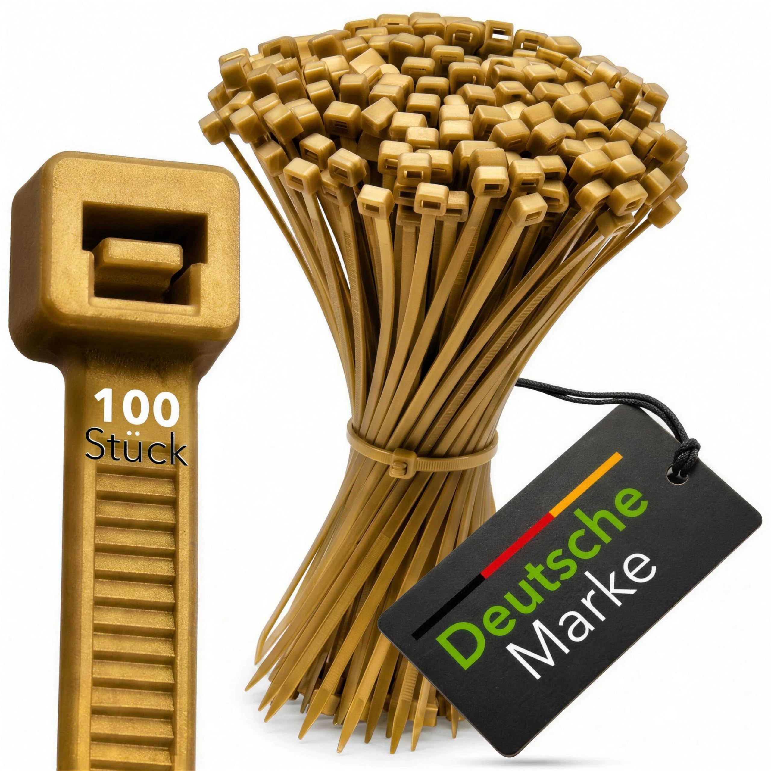 BeBo Cable Ties, Gold, 4.8 x 290 mm, Pack of 100, Stable & Versatile for Indoor and Outdoor Use, Eye-catching Cable Attachment for Home and Crafts