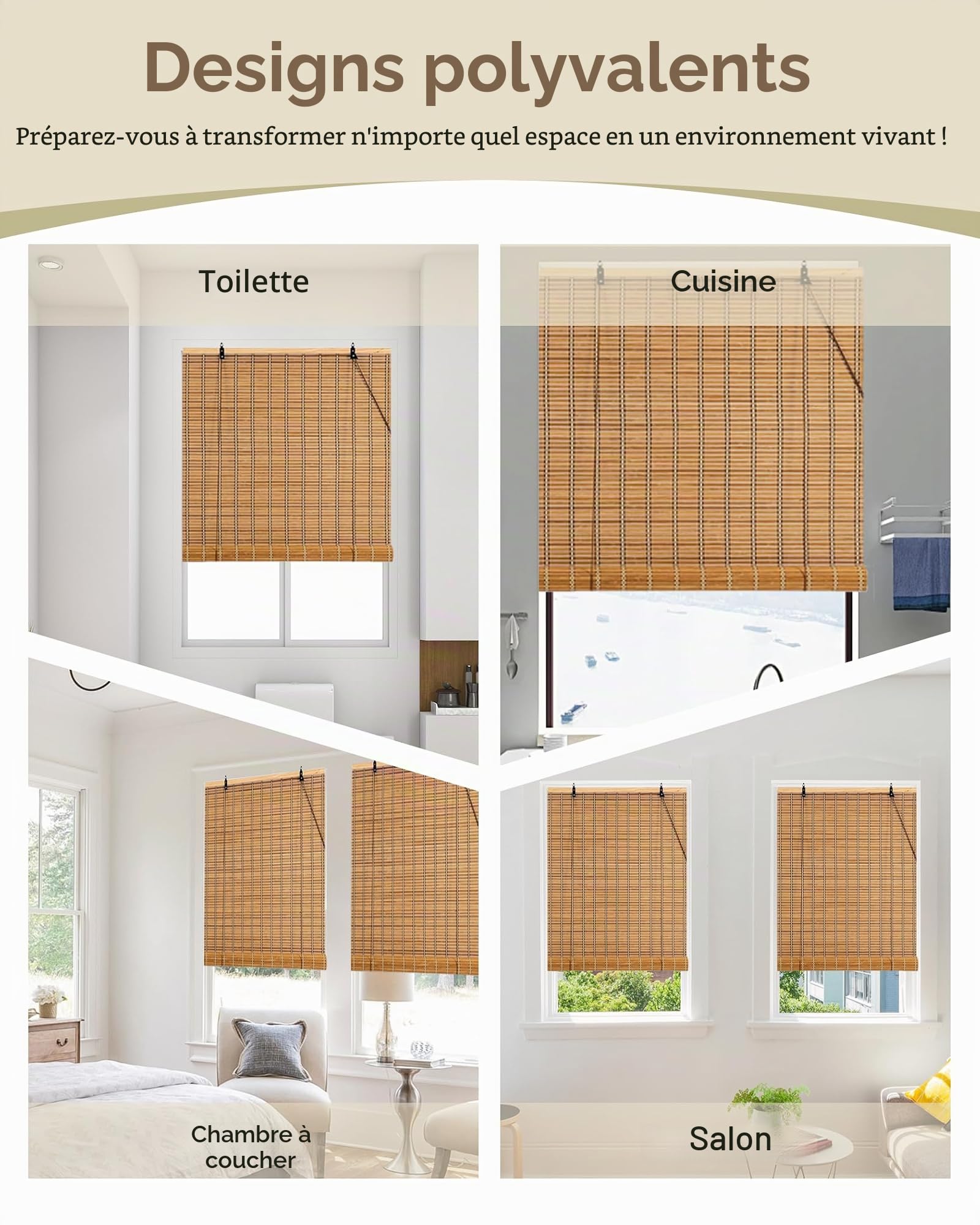 FoundGo Store en Bambou Volet Enrouleur Venitien de Protection Visuelle et Solaire Rideau Occultant à Traction Latérale pour Fenêtres et Portes Taille Personnalisée:WxL: 60x120cm