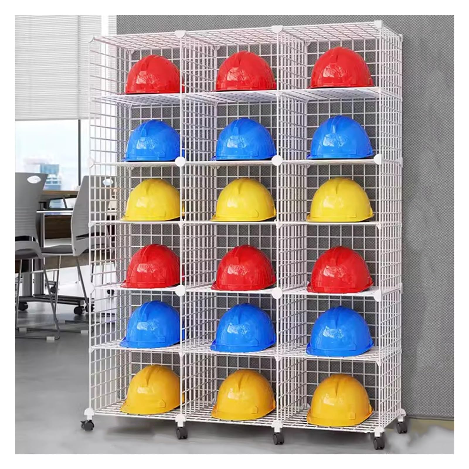 Helmständer, stapelbare Aufbewahrungsboxen für Schutzhelme mit Rollen, großes verstellbares Ablagegestell für Schutzhelme, Baustellen/Werkstätten/Einzelhandelsl,White-18 Grids(111x37x146cm)