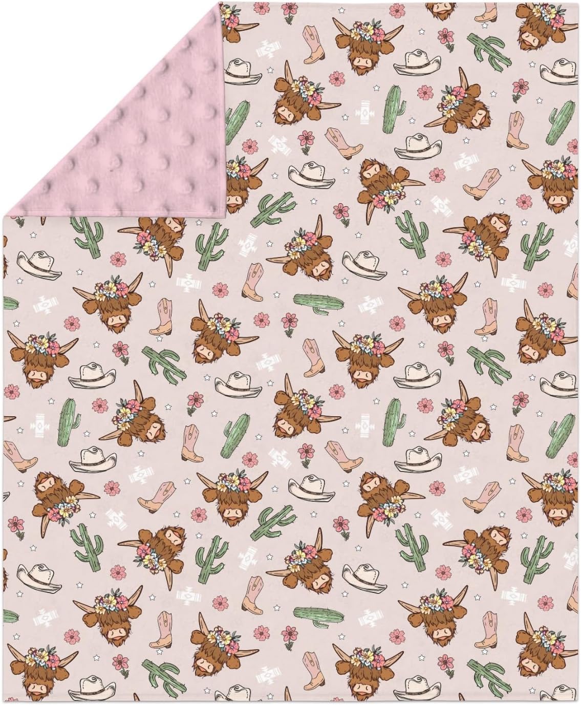 Highland Cows Cactus Baby Blankets for Girl Boy Pink Western Cowgirl Boots Hats Yak Floral Soft Mink Dotted Backing Double Layer Swaddle Blanket for Toddler Nursery Crib Wild West Bed Blanket 30x40 image 2