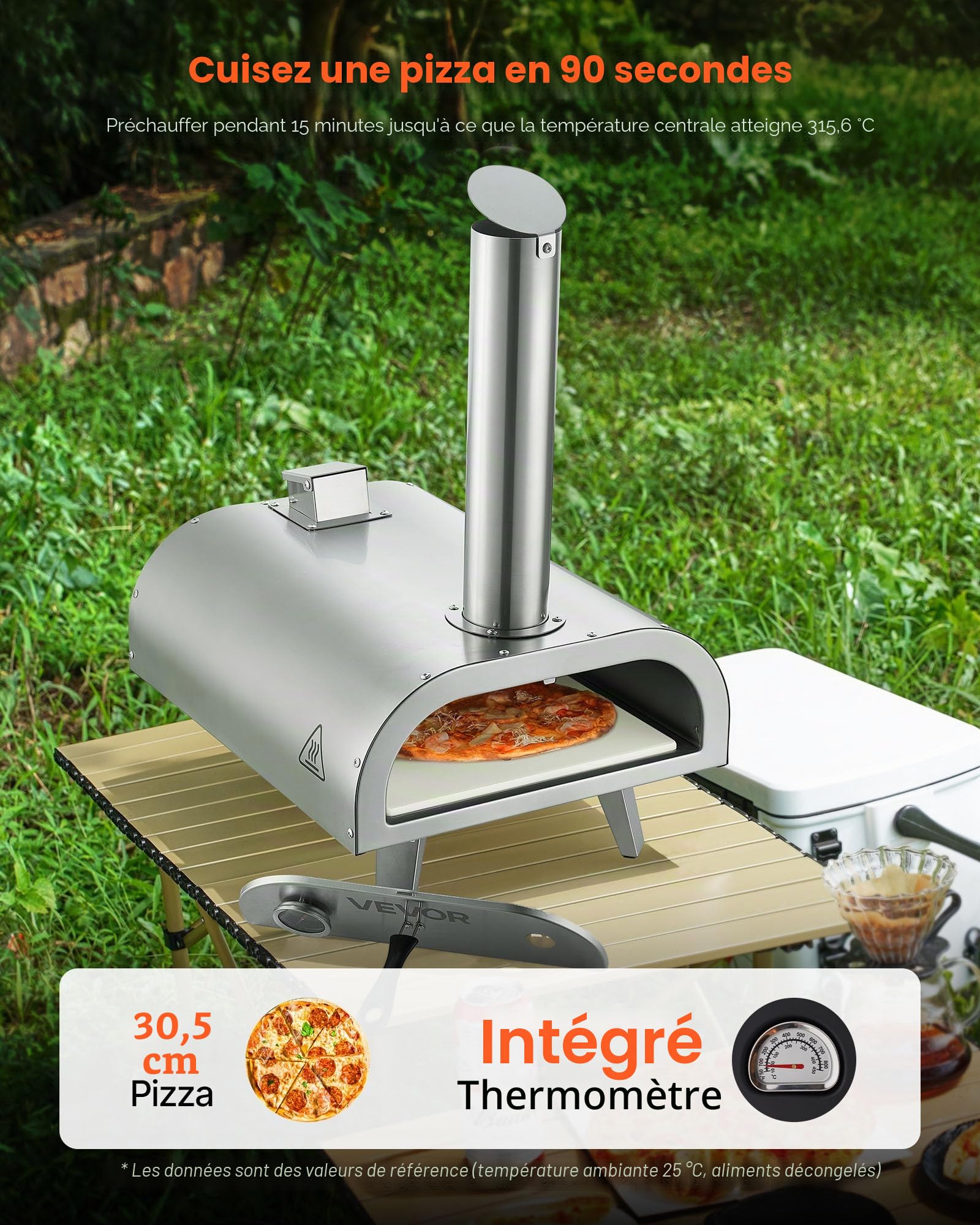 VEVOR Four à Pizza d’Extérieur 12 pouces 305 mm, Four à Granulés de Bois Portable, en Acier Inoxydable, avec Thermomètre Intégré, Pelle et Sac de Transport, pour Réunion Camping Jardin Arrière-Cour