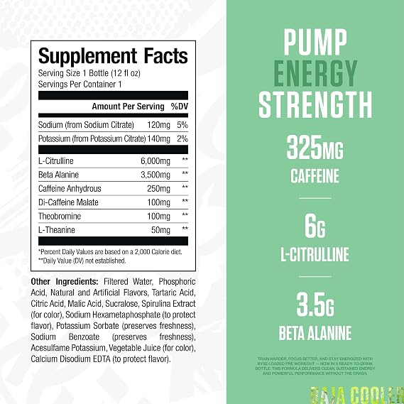 RYSE Loaded Pre Workout Drink - Baja Cooler - Sugar-Free, Ready to Drink Energy Supplement with 325mg Caffeine, Citrulline & Beta Alanine for Focus & Pump - 12 fl oz Bottles (Pack of 12)