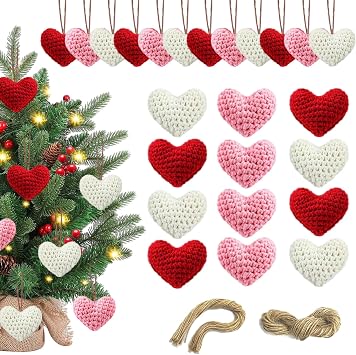 12Pcs Heart Ornaments for Christmas Tree, Handmade Crochet Valentine Ornament, Red Pink White Knitted Heart Ornaments for Christmas Tree, Valentines Day Decorations & Party Home Decor