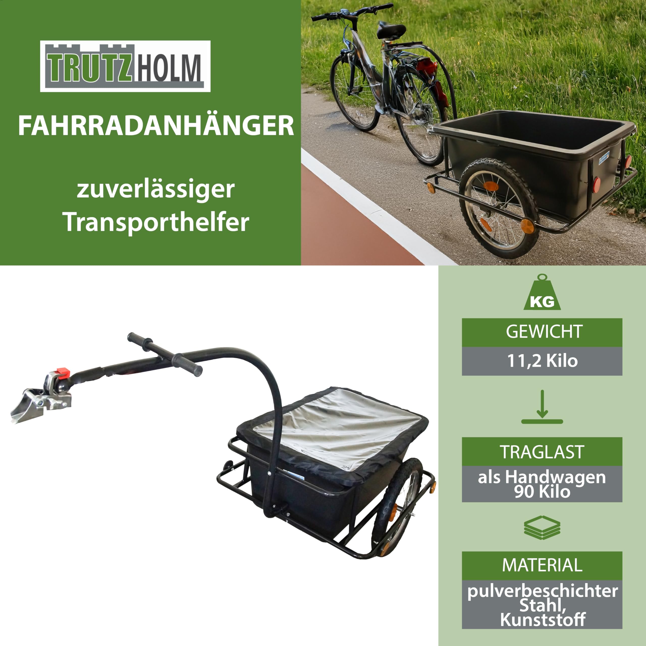 TRUTZHOLM Fahrradanhänger Lastenanhänger & Handwagen 90 Liter Transportanhänger mit Anhängerkupplung und Abdeckplane Kunststoffwanne herausnehmbar Fahrradwagen Trailer, Schwarz