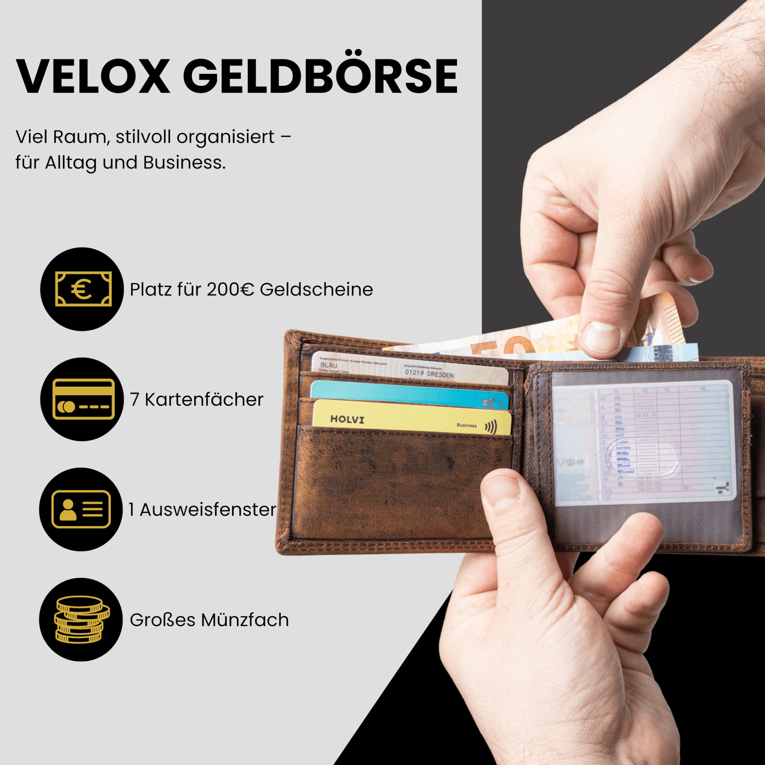 Hörner Velox Geldbeutel Herren Braun I Echtes Leder I Hochwertige Geldbörse Männer I Wallet for Men I Portemonnaie I Brieftasche I Karten Portemonnaie I RFID Schutz