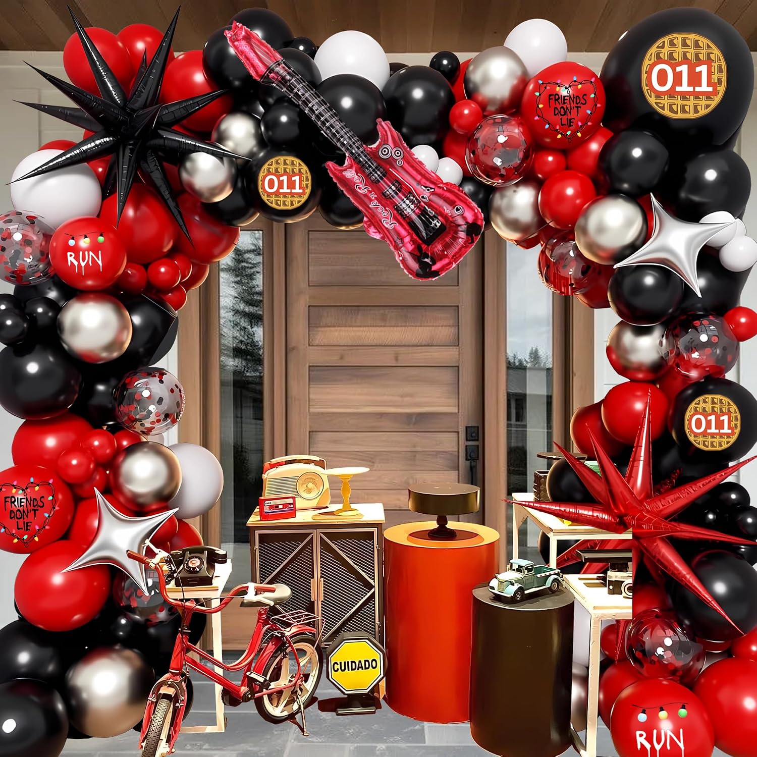 Weird Things Party Decorations Balloon Arch Garland, Red Black Confetti Balloons with Guitar Explosion Star Foil Balloons for Welcome to the Other Side Birthday Decor Stranger Party Supplies image 4
