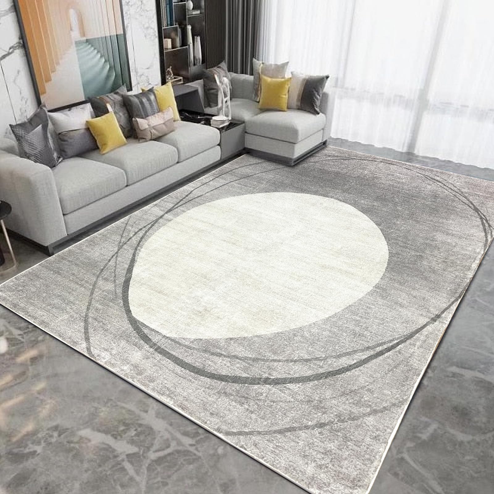 Area Rug Short Pile Living room Carpet Modern Geometric Design Rugs Circular Pattern Rug Non-slip Decorative Rugs for Bedroom (200 x 250 cm, Light grey/beige)