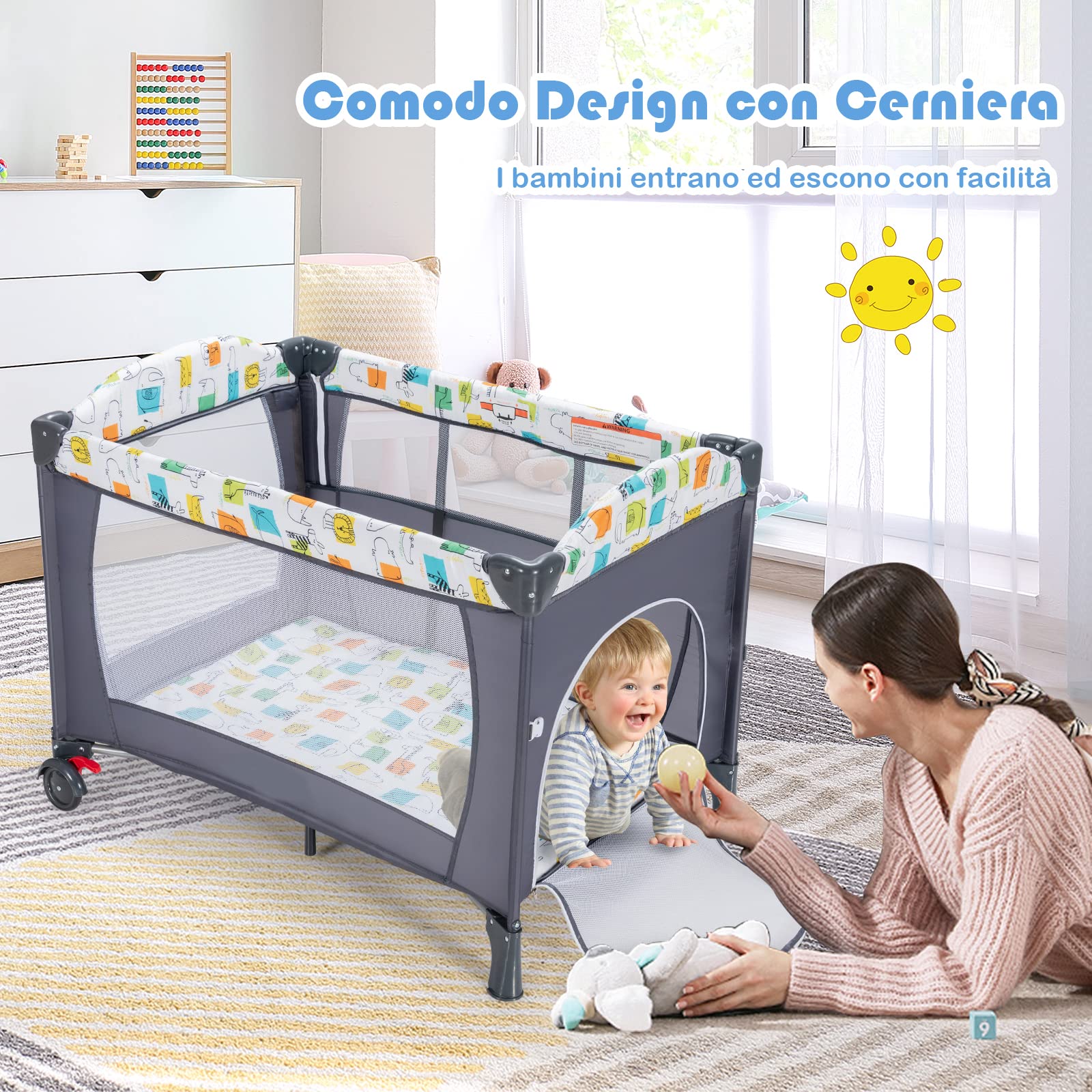 RELAX4LIFE 5 in 1 Lettino Neonato con Materasso, Culla da Campeggio con Fasciatoio e Cintura di Fissaggio, Altezza Regolabile in 4 Livelli, Adatto a Bambini da 0 a 36 Mesi,125 x 66 x 78 cm (Grigio)