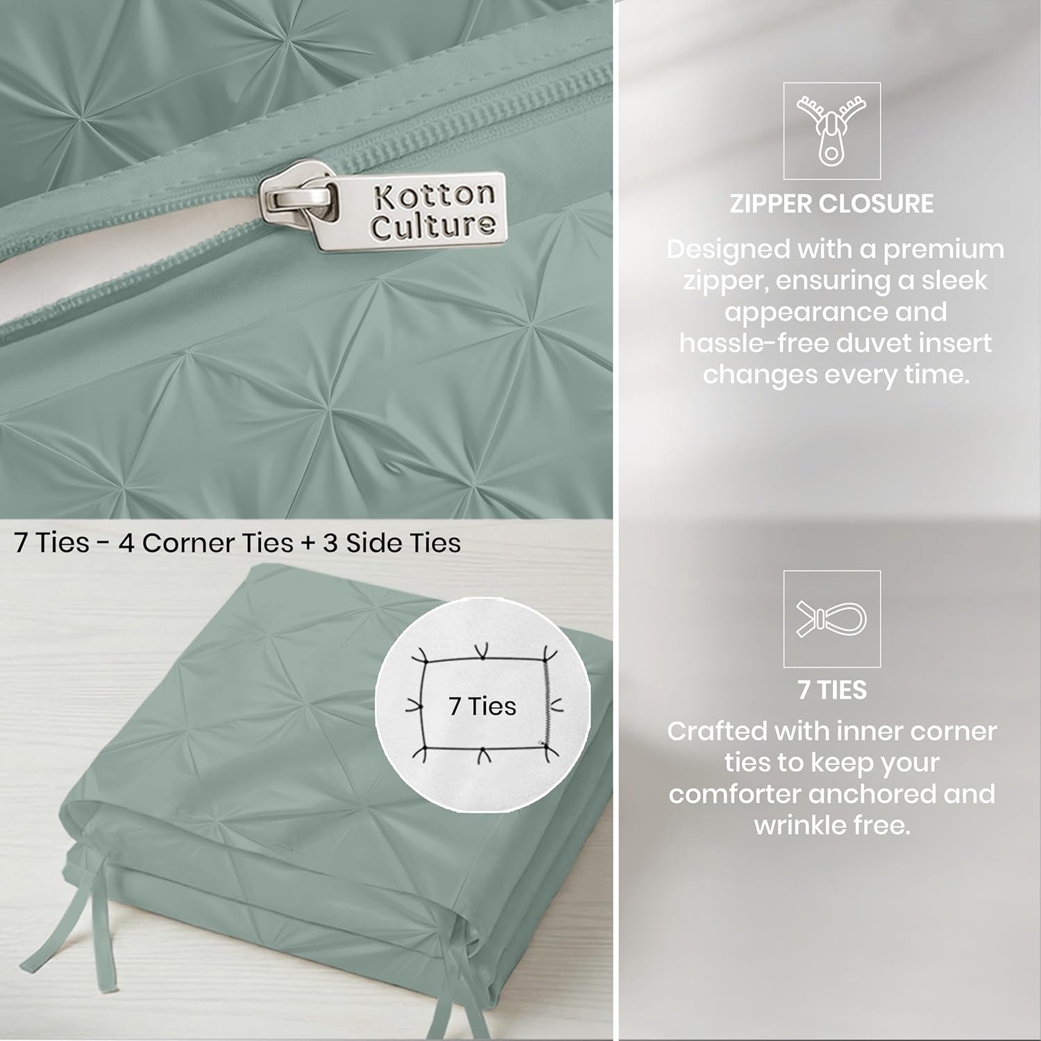 Kotton Culture 3 Pc Queen/Full Size Pinch Pleated - Pintuck Duvet Cover Set - 100% Egyptian Cotton 600 Thread Count Decorative Comforter Cover-Zipper Closure & 7 Internal Ties (Aqua Green, 90" X 90")