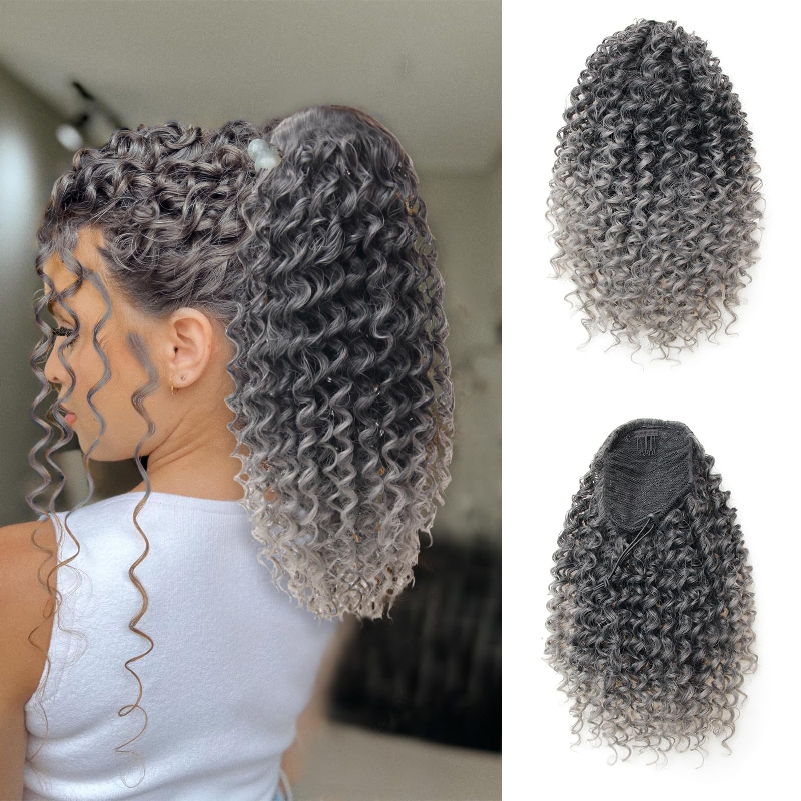 YXCHERISHAIR Curly Wavy Ponytail Ombre Grey Drawstring Hair Extensions for Women Natural Wavy Synthetic Hairpiece for African Women Daily Use party (