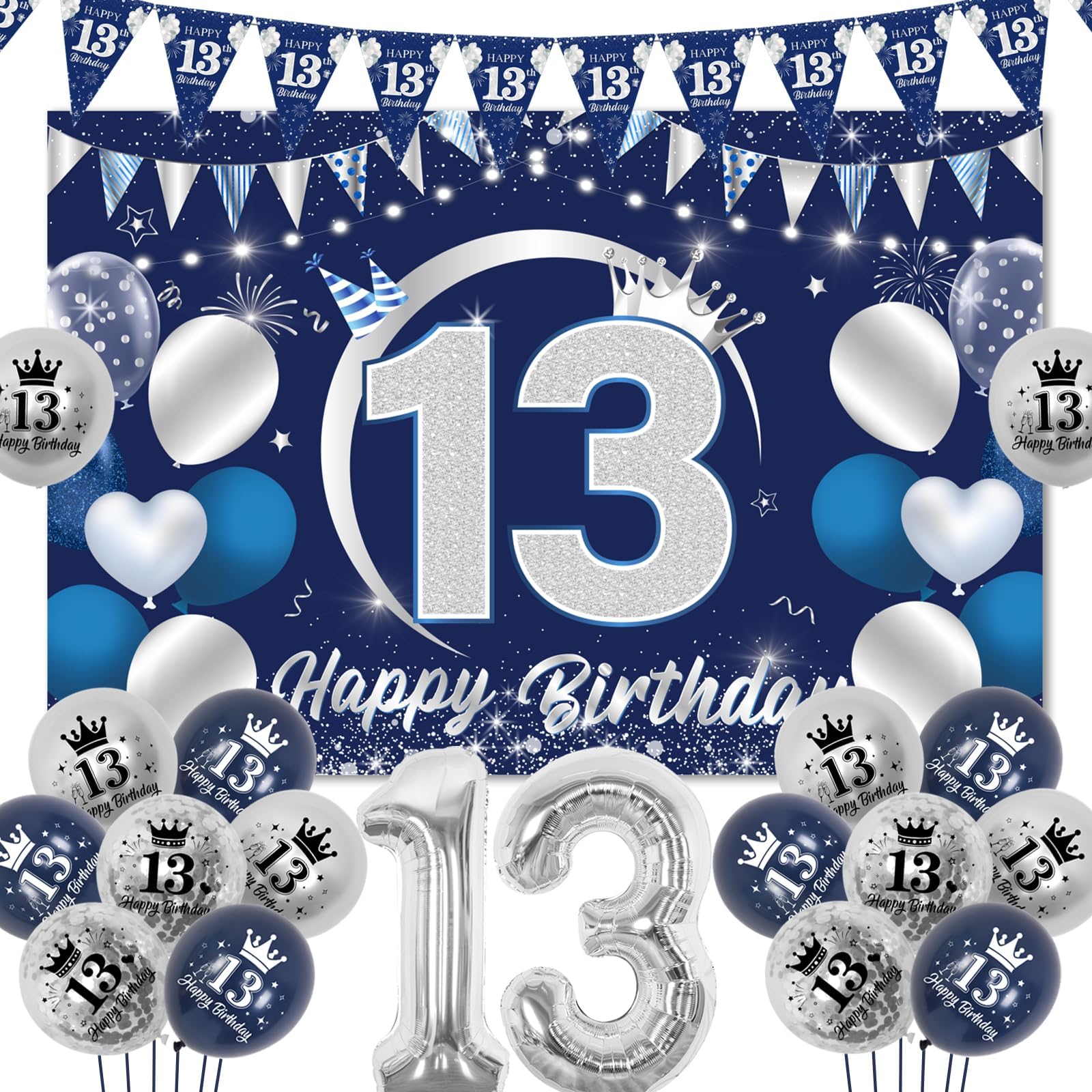 13th Birthday Decorations for Boy Navy Blue and Silver, Happy 13th Birthday Backdrop, Triangle Flag Banner, Number 13 Balloon, Thirteen Year Old Birthday Party Supplies