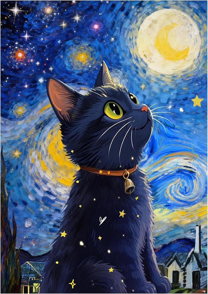 Starry Night Cat 다이아몬드 아트 키트, 5D 풀 드릴 다이아몬드 페인팅, 30.5x40.6cm(12x16인치) — 사진 1