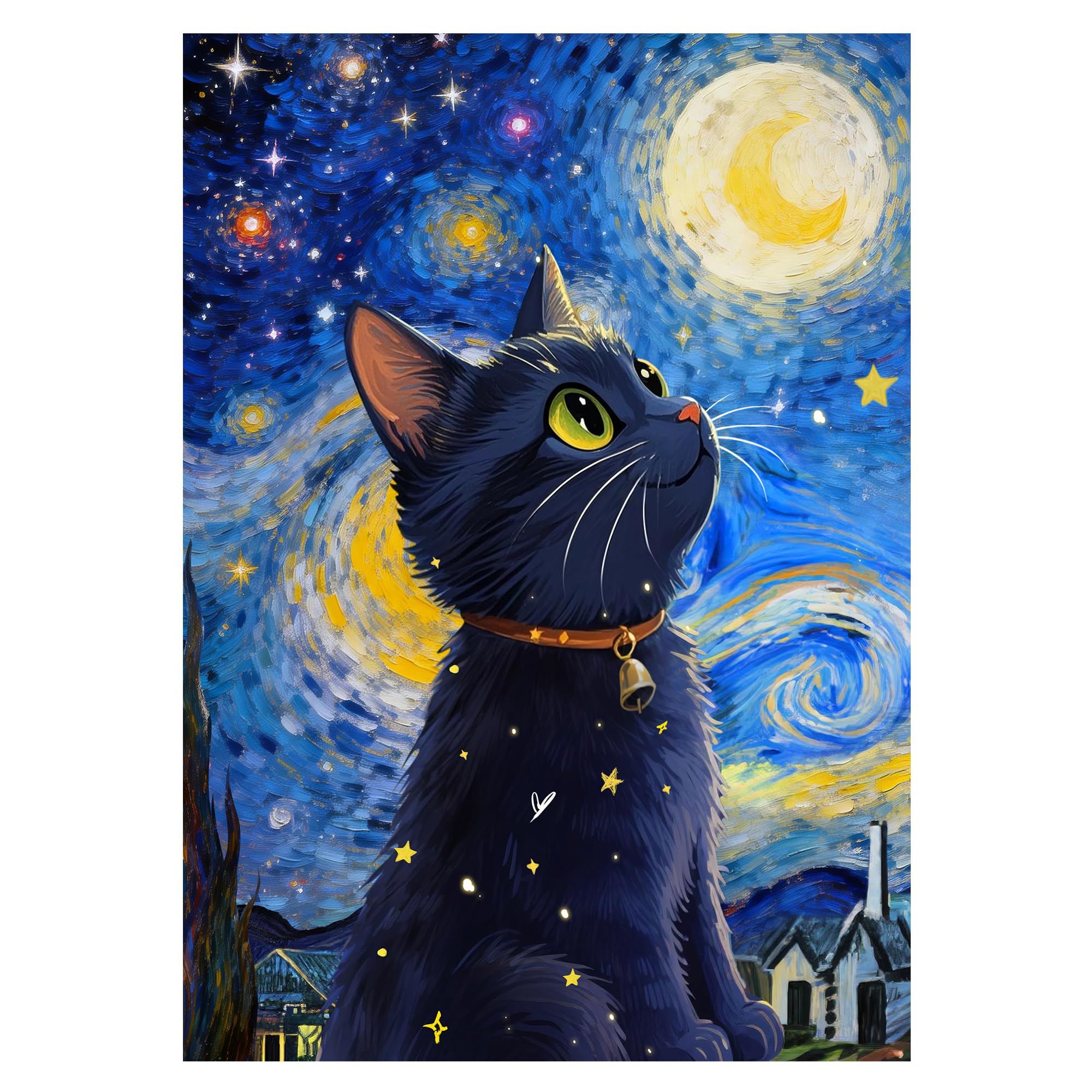 Diamond Painting Katze 5D, Diamantmalerei Kits für Erwachsene, 30x40cm | Diamant Painting Bilder & Diamond Art Full Drill mit Werkzeug & 20% Extra-Steinen; schwarze Katze in Sternennacht, Geschenk