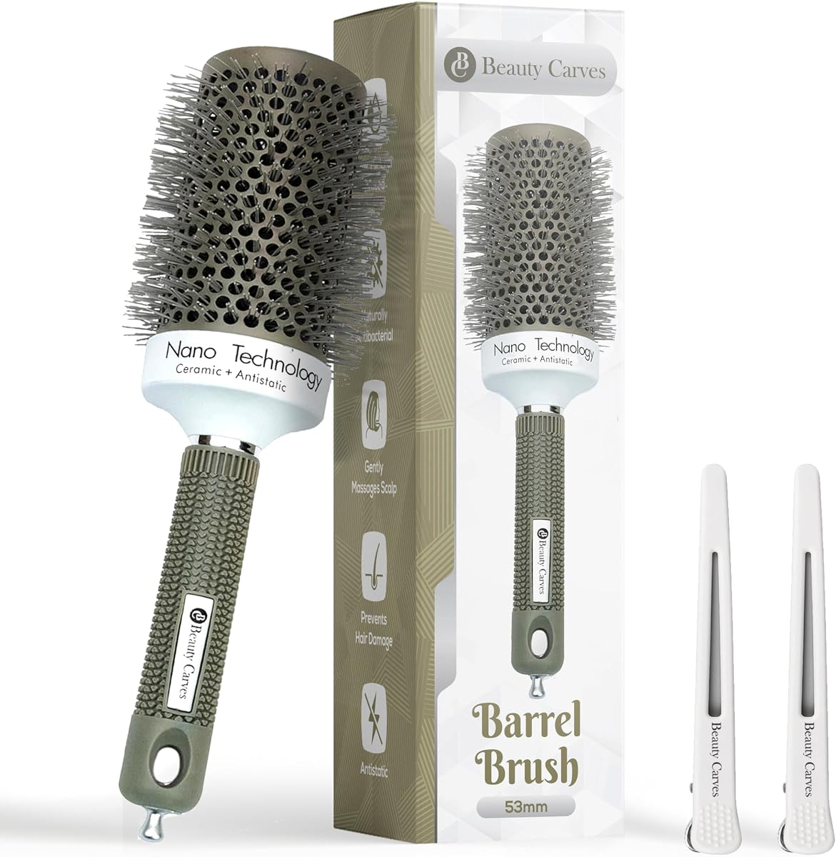 Round Brush for Blow Drying, 53mm / 2.1 Inch Large Barrel with 2 Clips – Nano Ionic Thermal Ceramic Round Hair Brush for Volume, Big Curls & Smooth Styling Heat Resistant Nylon Bristles