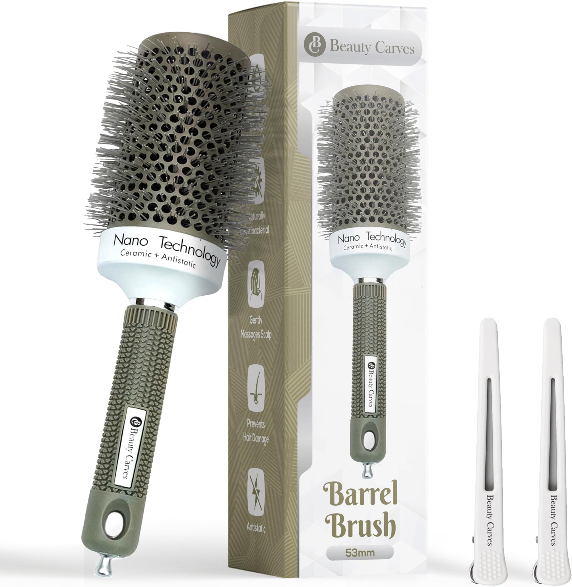 Round Hair Brush 53 mm Barrel with 2 Clips – Thermal Ceramic Blow Dry Brush for Salon Styling & Volume – Nano Ionic Heat-Resistant Barrel with Flexible Nylon Bristles