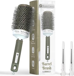 Beauty Carves Round Brush for Blow Drying, 53mm / 2.1 Inch Large Barrel with 2 Clips – Nano Ionic Thermal Ceramic Round Hair Brush for Volume, Big Curls & Smooth Styling Heat Resistant Nylon Bristles