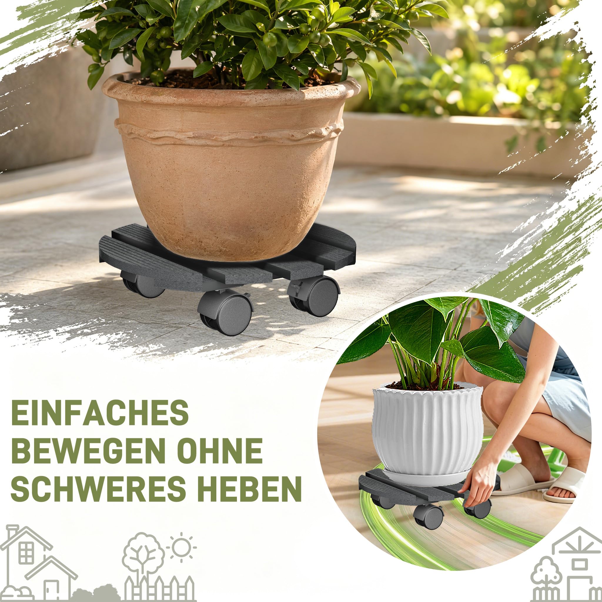 XMTECH 2x WPC-Pflanzenroller Witterungsbestaendig 100 kg Tragkraft, Pflanzenroller & Blumenroller ø30cm für Außenbereich + Innenbereich, Rollbrett Pflanzen, Untersetzer mit Rollen, Rund, Anthrazit