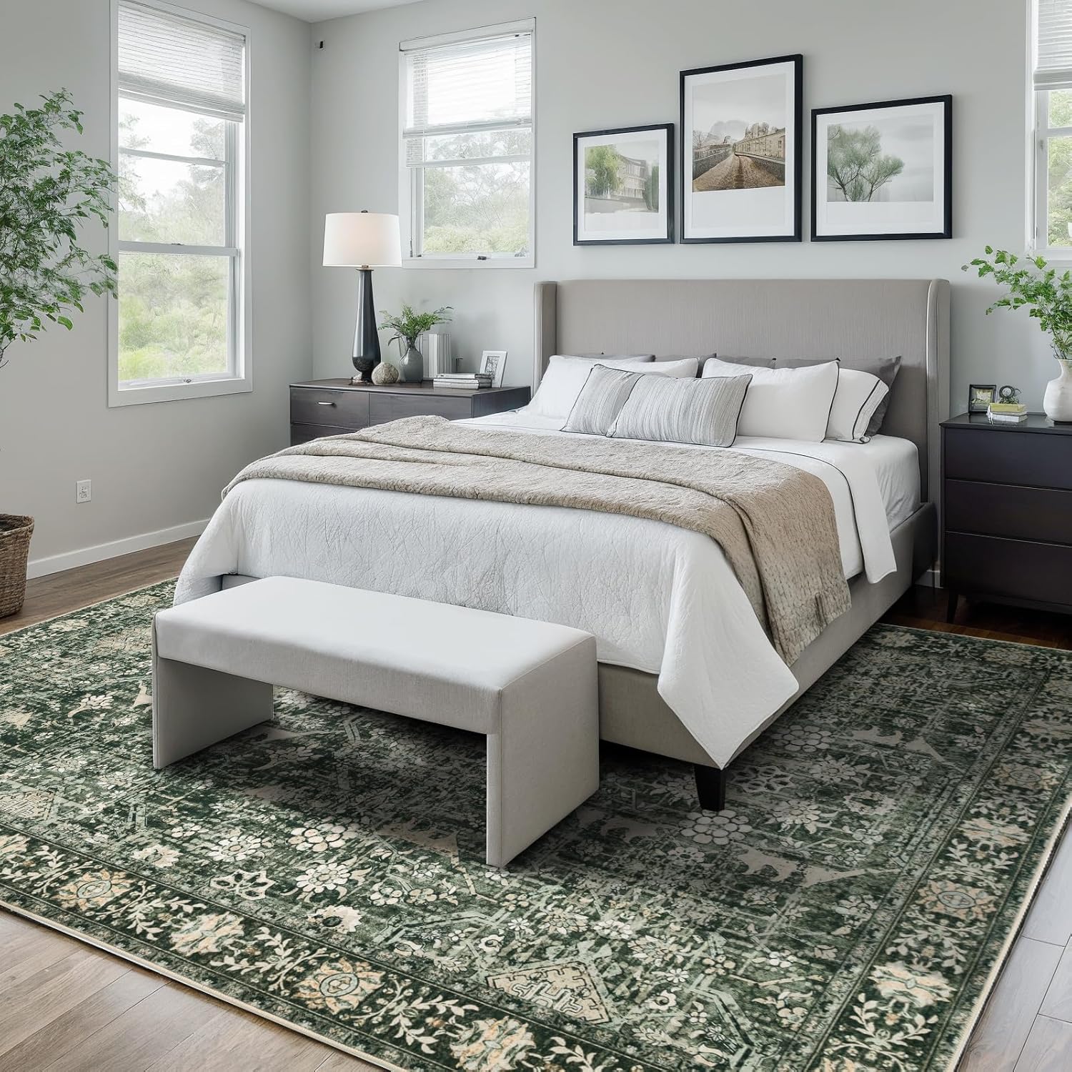 Area Rug 8×10 Washable Rugs for Bedroom, Vintage Floral Rug Soft Non Slip Stain Resistant Carpet for Living Room Dinning Room Kitchen Home Office Green Black