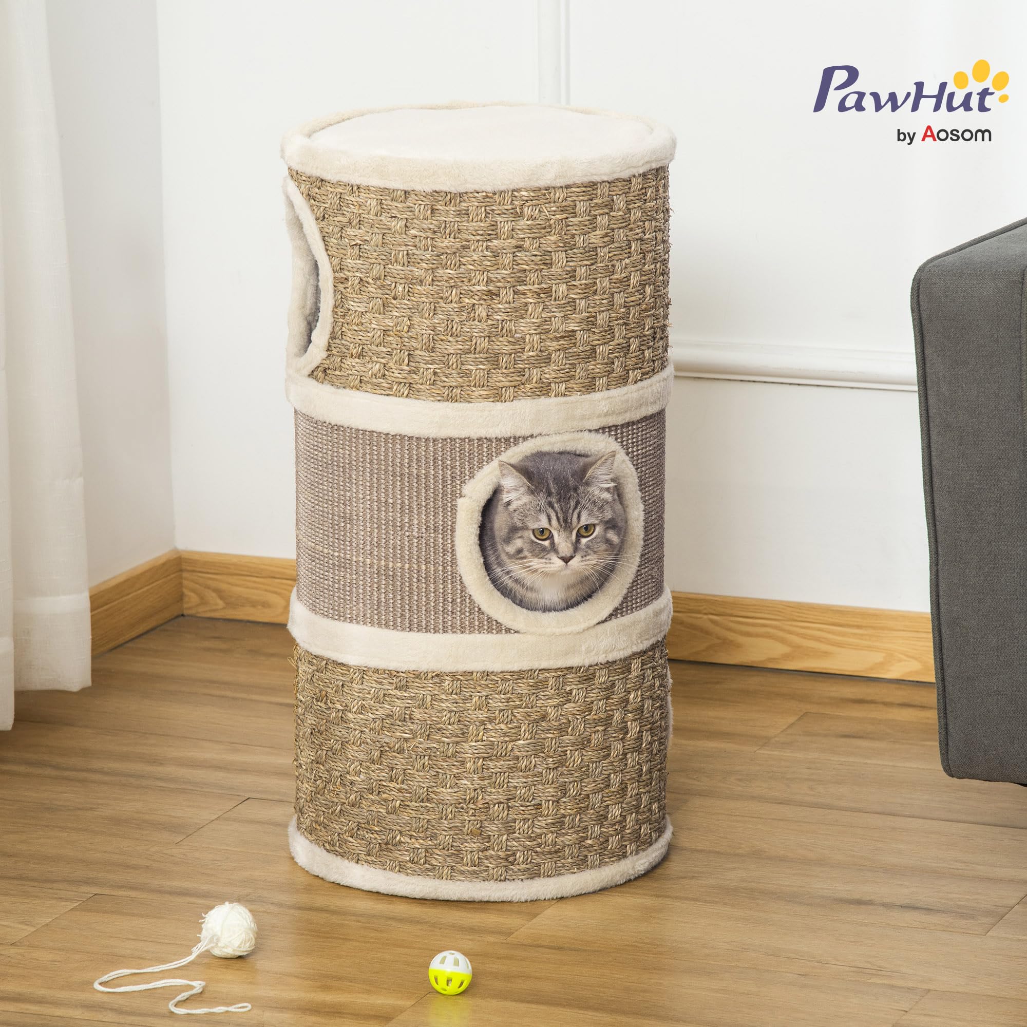 PawHut Casetta Cuccia per Gatti Tiragraffi a Torre con 3 Nicchie, Corda in Sisal e Alga Marina, Bordo Peluche, Khaki e Marrone