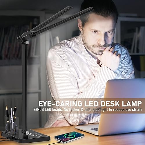 Miniatura 6 de Lámpara de escritorio LED regulable con puerto de carga USB, 50 modos de iluminación con brazo oscilante doble, arquitecto, lámpara de mesa, lámpara