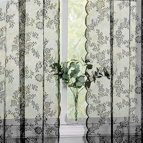 Miniatura 4 de Paneles de cortina de encaje transparente de 108 pulgadas, clásico bordado negro, juego de cortinas semitransparentes para ventana, diseño floral