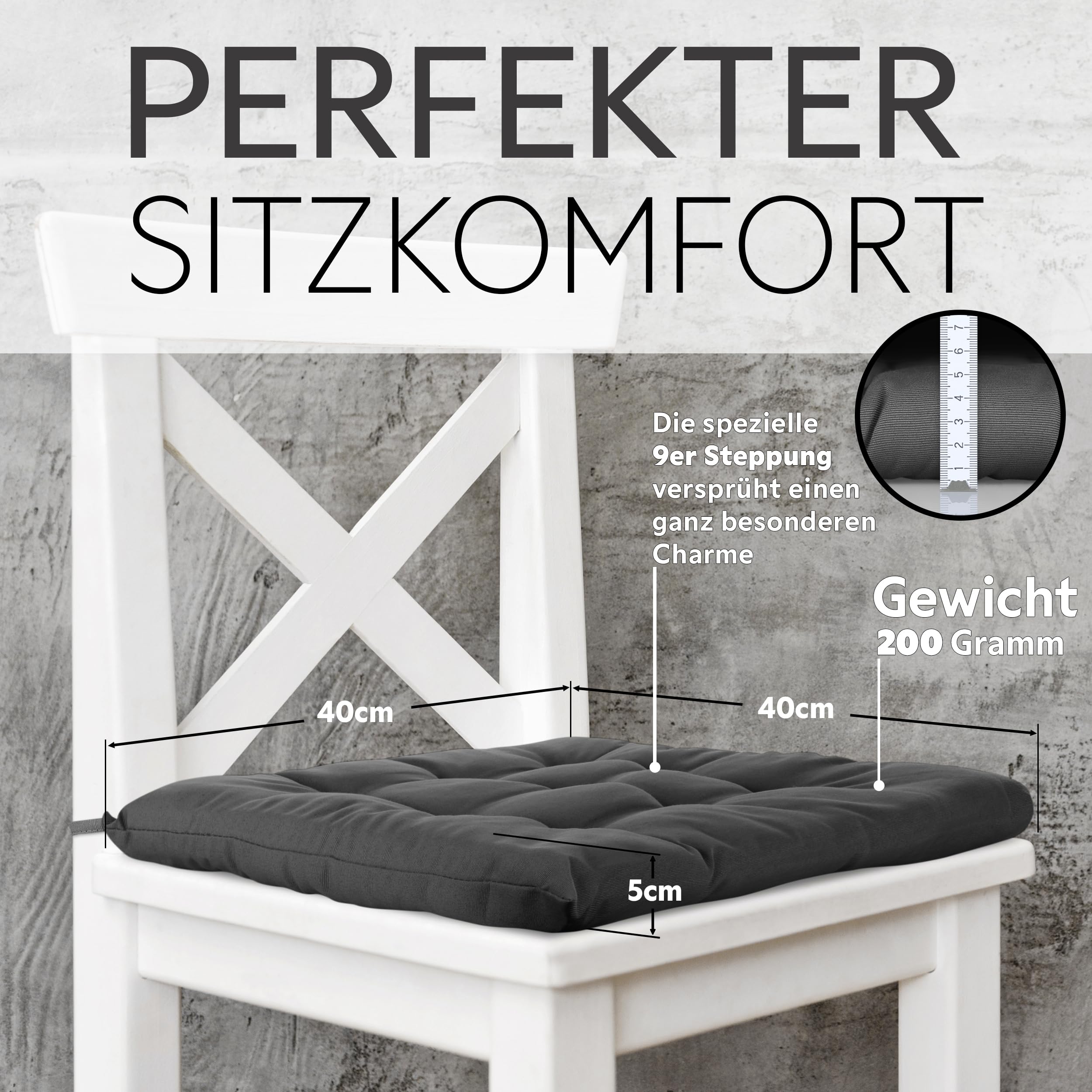 Brandsseller 6er Set Stuhlkissen 40x40x5 cm Sitzkissen Polster Stuhlauflage mit Haltebändern Dekokissen für Indoor Outdoor gesteppt - Anthrazit