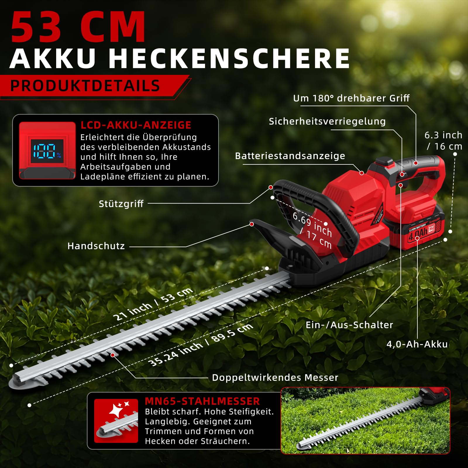 21V Heckenschere Akku 2x4.0Ah - Leichte Elektrische Heckenschere mit Akkus und Ladegerät, 53cm Dual Action Klinge, 16mm Zahnabstand, 180° Drehbarer Griff, Heckenschneider für Sträucher