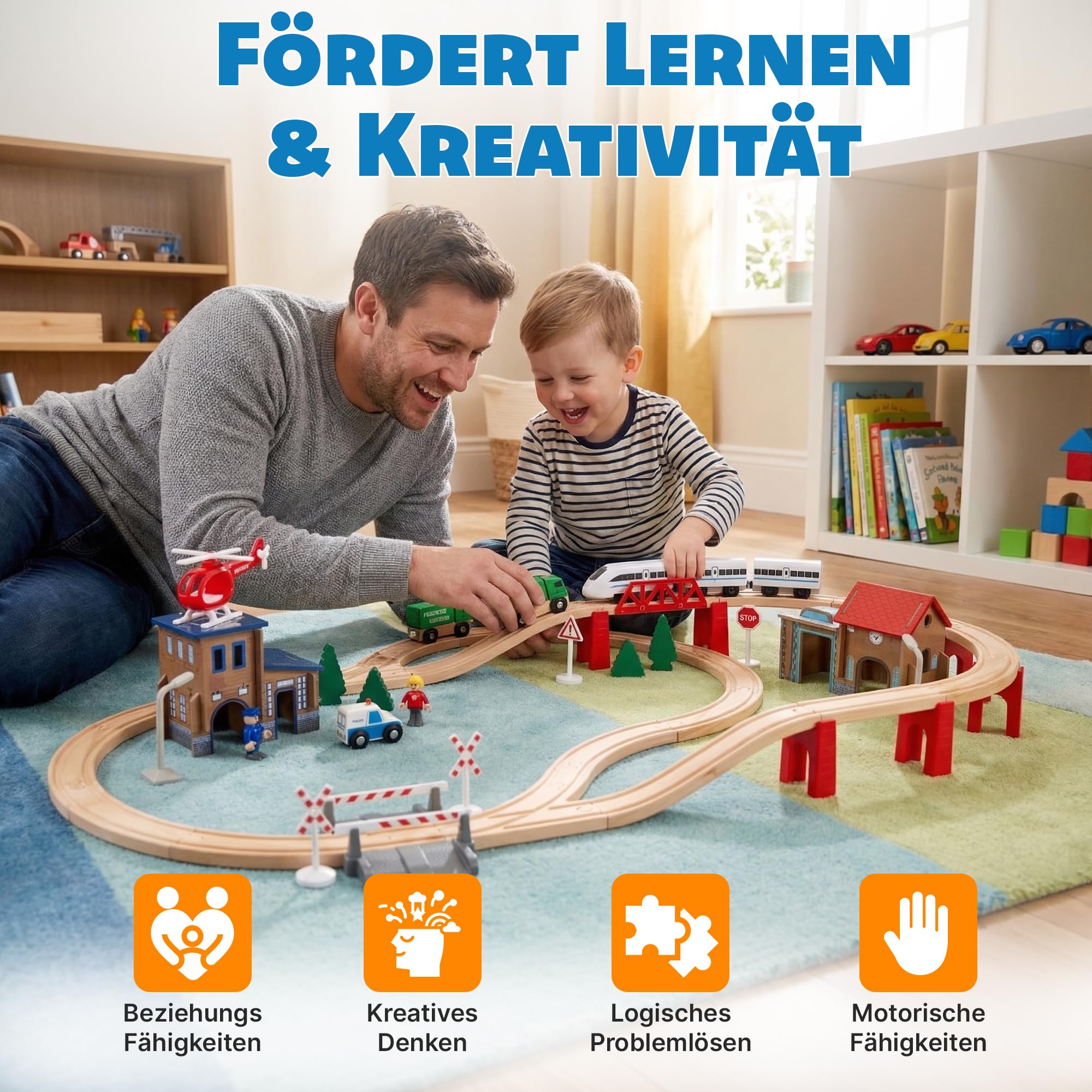 Green series Holzeisenbahn Set für Kinder - Eisenbahn Holz | Spielzeug Zug | Polizeistation, Autobahn und Bahnset mit Brücke, 80 Teilen, 378 cm lang | Holz Eisenbahnen | Holzzug | Modell GS0010