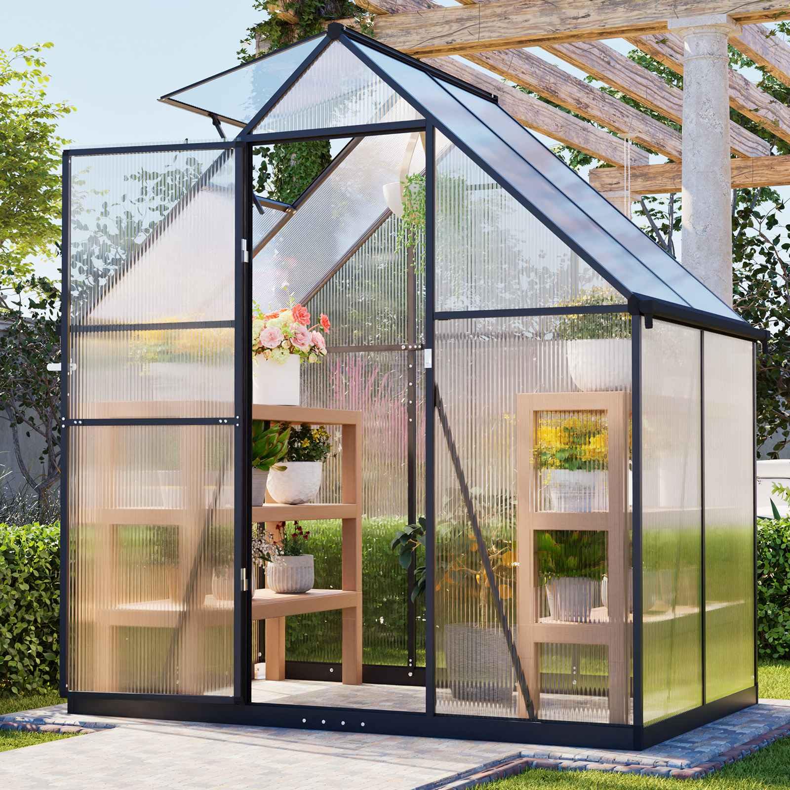 BIRCHTREE 6X4FT Walk-In Greenhouse Outdoor, Polycarbonate Green House Aluminium Frame, Integrated Rain Gutters, Rainproof Snow&Frost Protection for Garden Plants Steeple Plastic Grow House Dark Grey